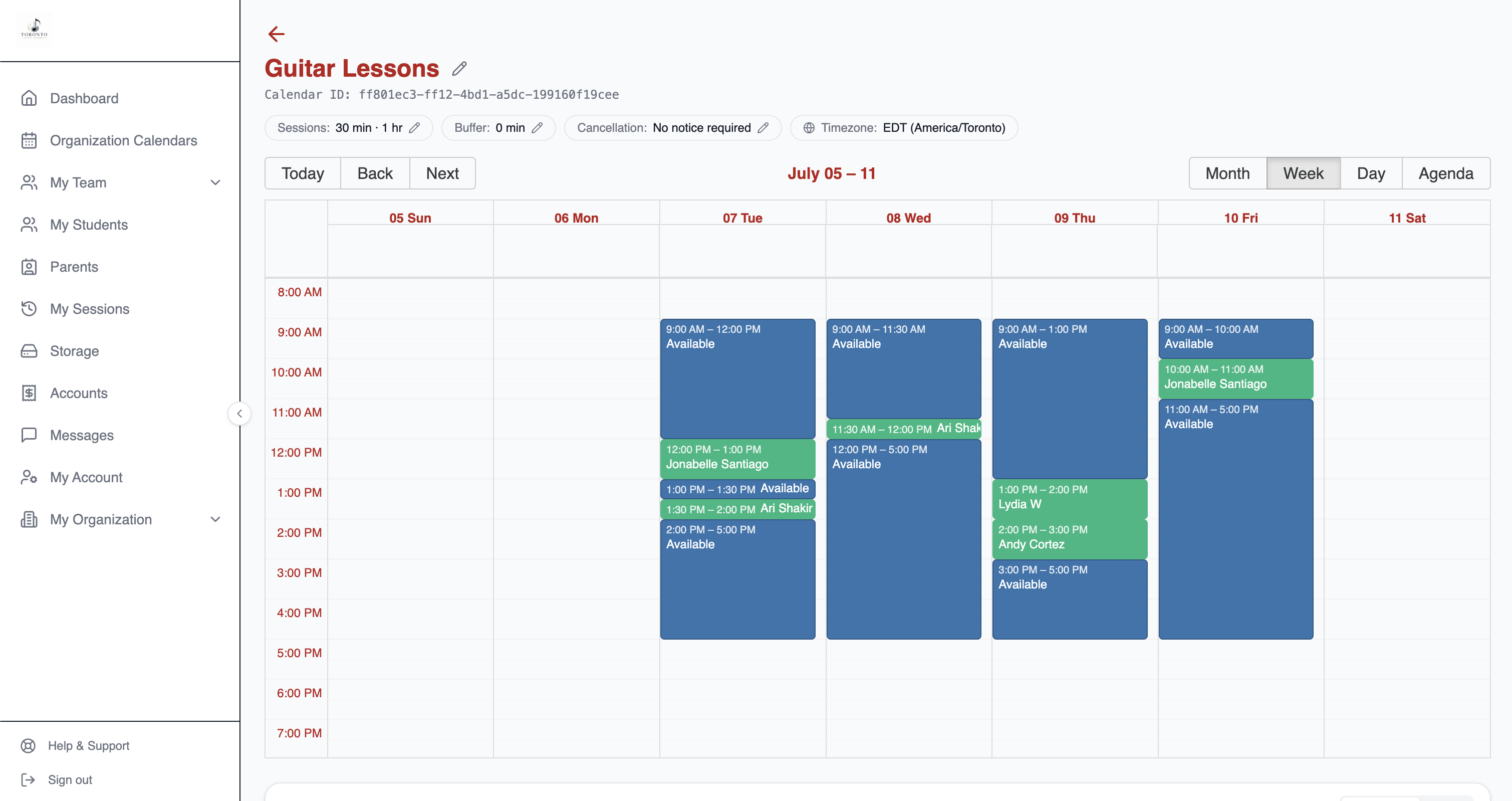Availy instructor dashboard showing a weekly calendar with student bookings, lesson durations, and a sidebar listing upcoming sessions.